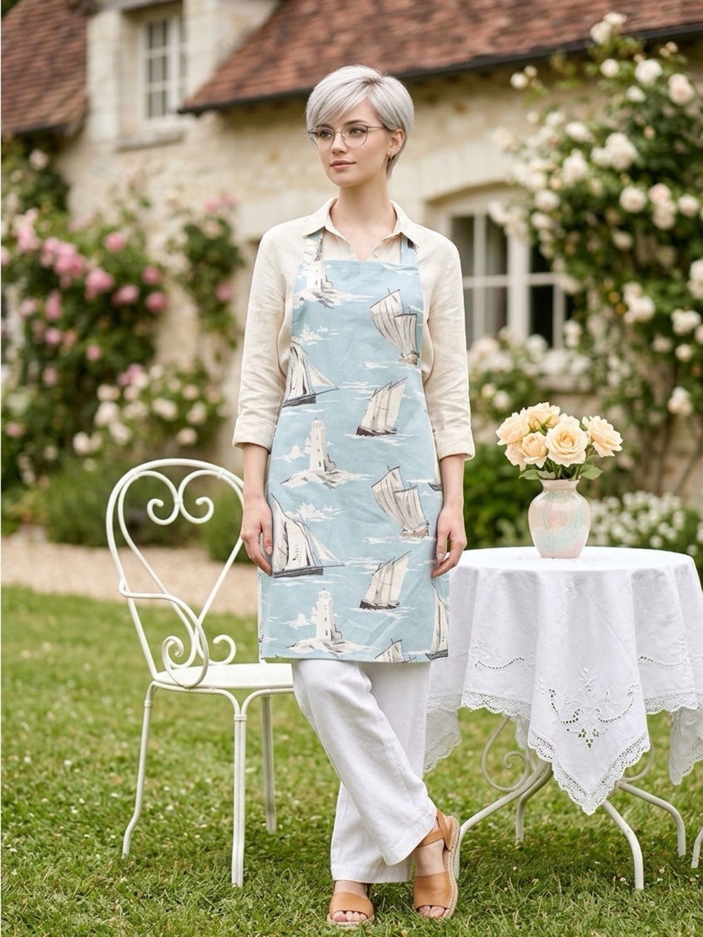 2017 - Classic Sailboat Print Apron - Light Blue